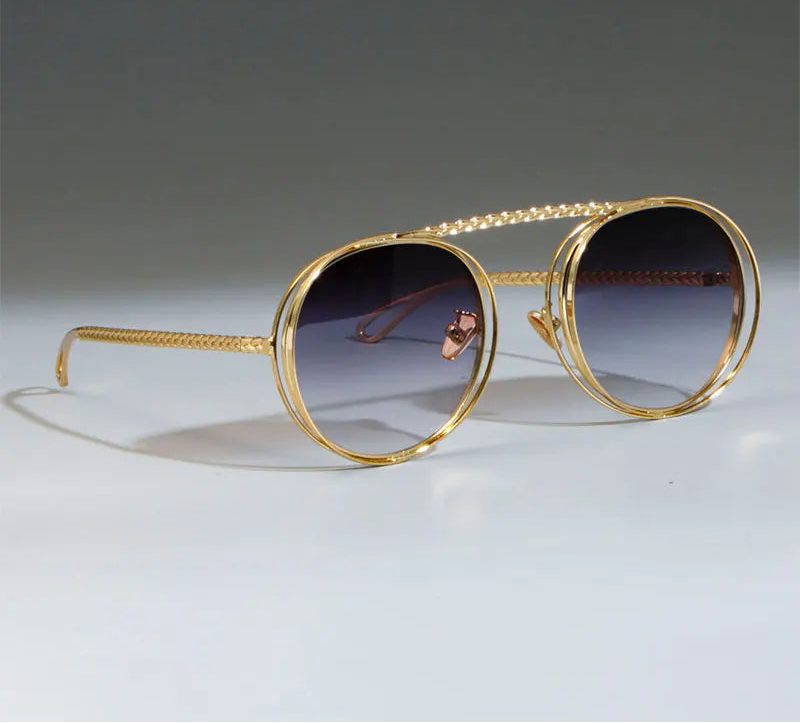 Gold Steampunk Retro Flat Top Metal Chain Sunglasses