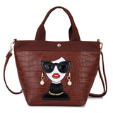 brown woman face design handbag