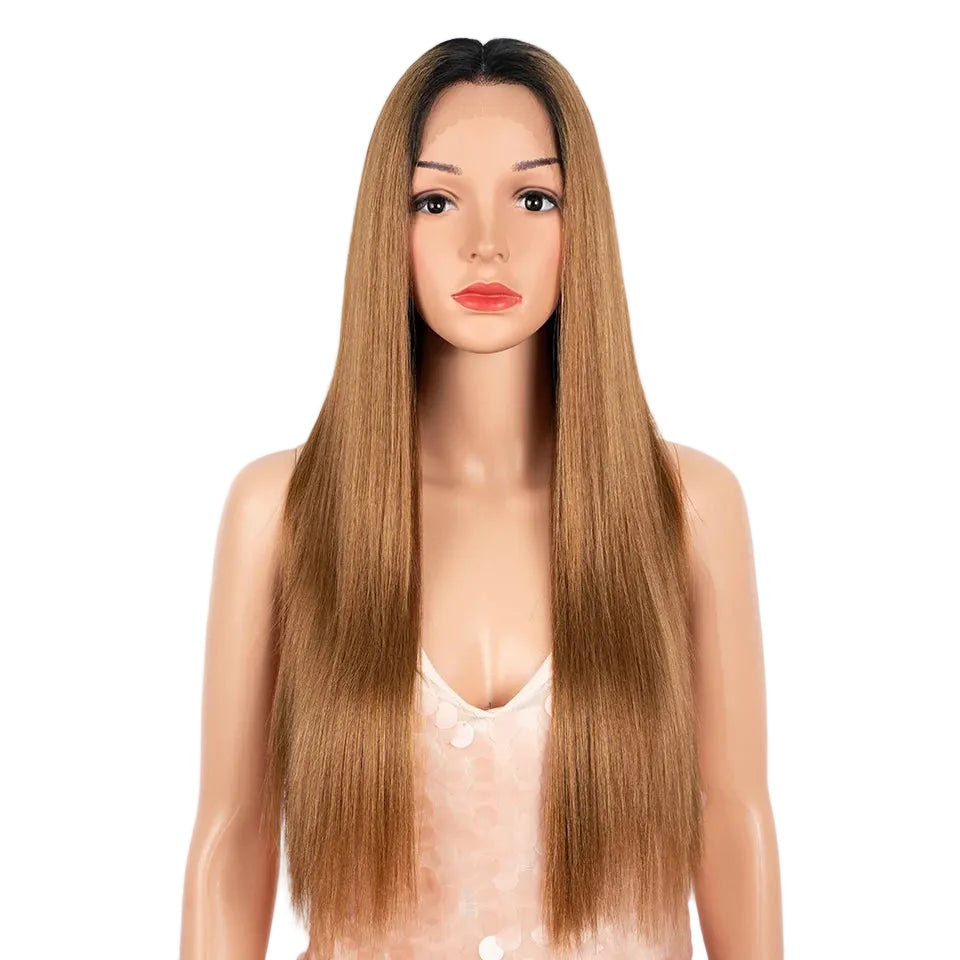 Brown Straight 28 Inch Heat Resistant Synthetic Lace Front Wigs