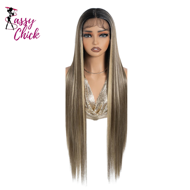 Straight 36 Inch Long Synthetic Lace Front Wigs For Women Sassy Chick Logo
