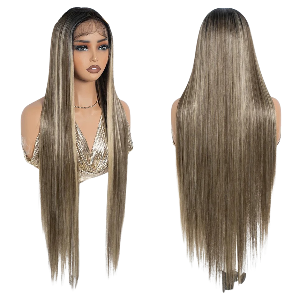 Ash Gray Straight 36 Inch Long Synthetic Lace Front Wigs For Women