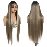 Ash Gray Straight 36 Inch Long Synthetic Lace Front Wigs For Women