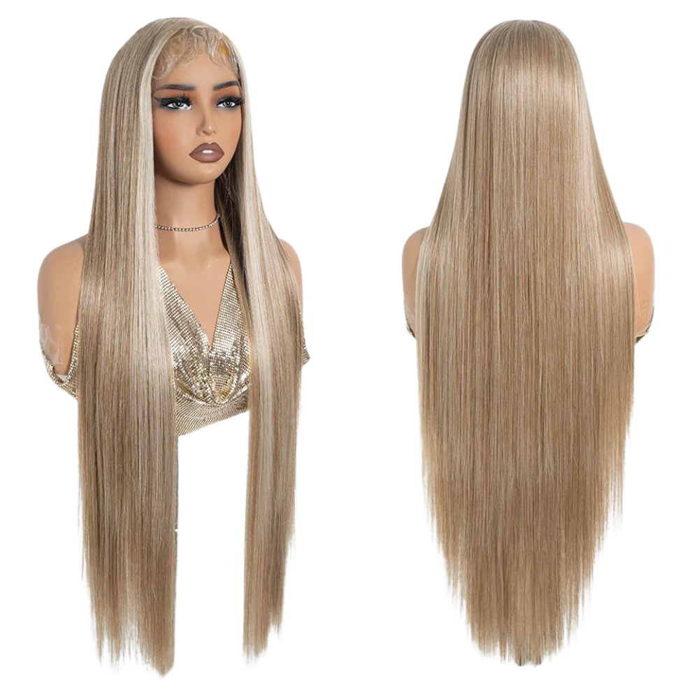 Blonde Straight 36 Inch Long Synthetic Lace Front Wigs For Women