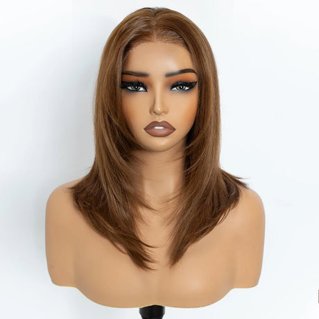 Brown Straight Bob Layered Lace 13X3 Synthetic Lace Front Wigs