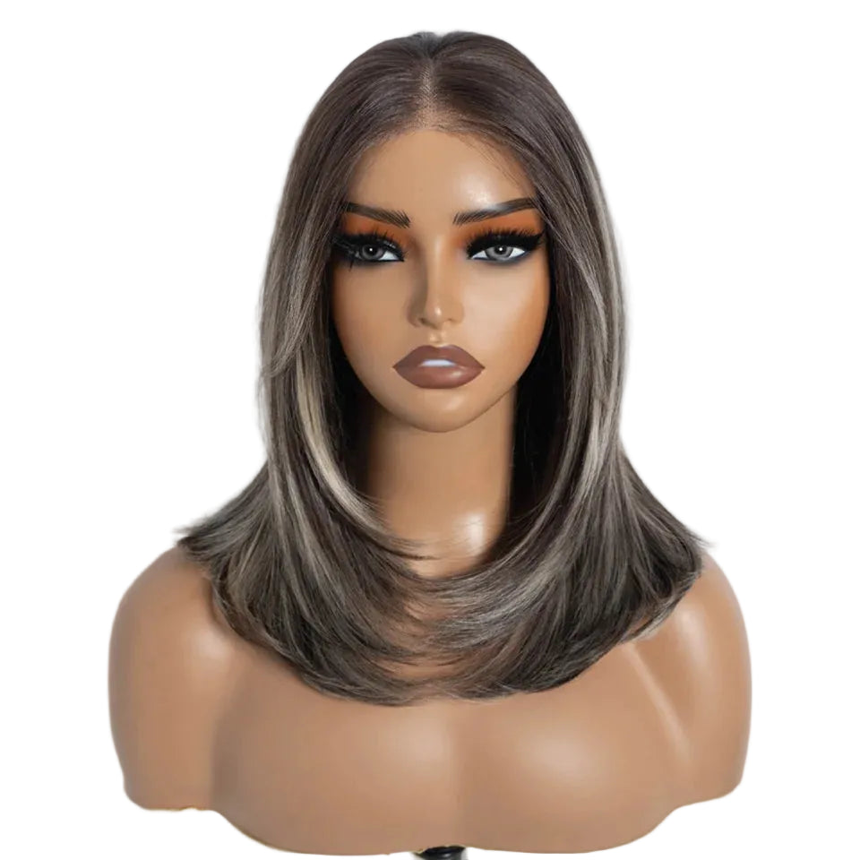 Gray Straight Layered 13X3 Free Part Bob Synthetic Lace Wigs