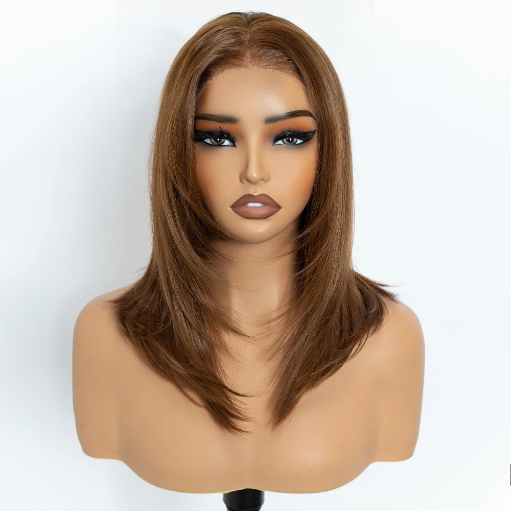 Brown Straight Layered 13X3 Free Part Bob Synthetic Lace Wigs