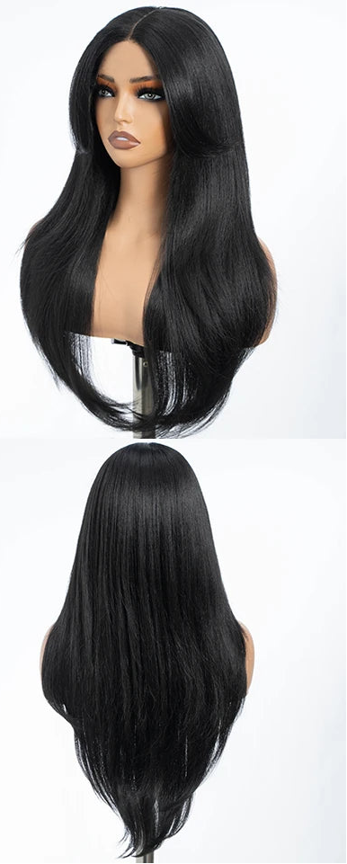 Black Straight Layered Pre Plucked Synthetic Lace Front Wigs