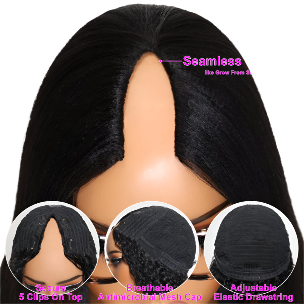 Straight V Part Hair Clip-in Human Hair Wigs Cap