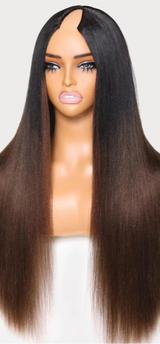Straight V Part Hair Clip-in Human Hair Wigs Brown
