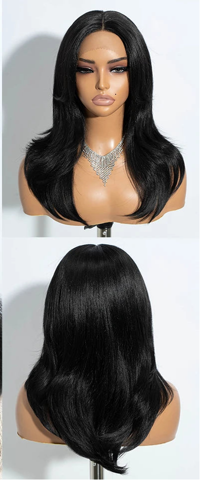 Black Straight With Bangs 20 Inch Synthetic Lace Front Wigs