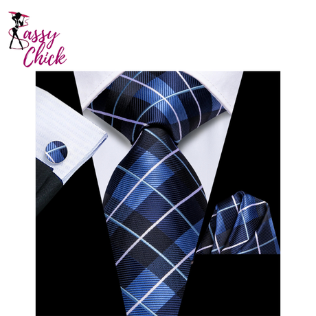 Striped Business 8.5cm Jacquard Hanky Cufflink Tie Set Sassy Chick Logo