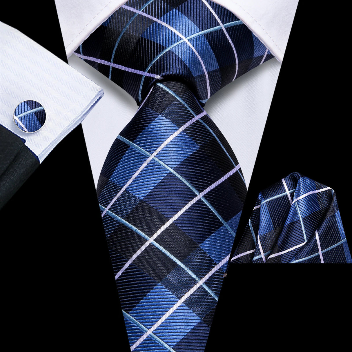 Blue Striped Business 8.5cm Jacquard Hanky Cufflink Tie Set