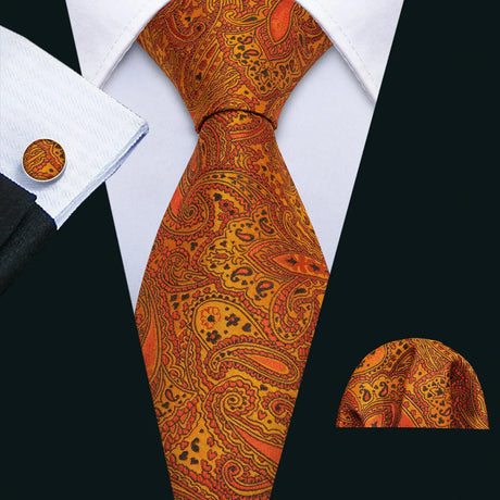 Orange Striped Plaid Floral Solid Paisley Necktie Pocket Square Cufflinks