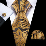 Gold Black Striped Plaid Floral Solid Paisley Necktie Pocket Square Cufflinks