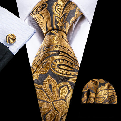 Gold Black Striped Plaid Floral Solid Paisley Necktie Pocket Square Cufflinks