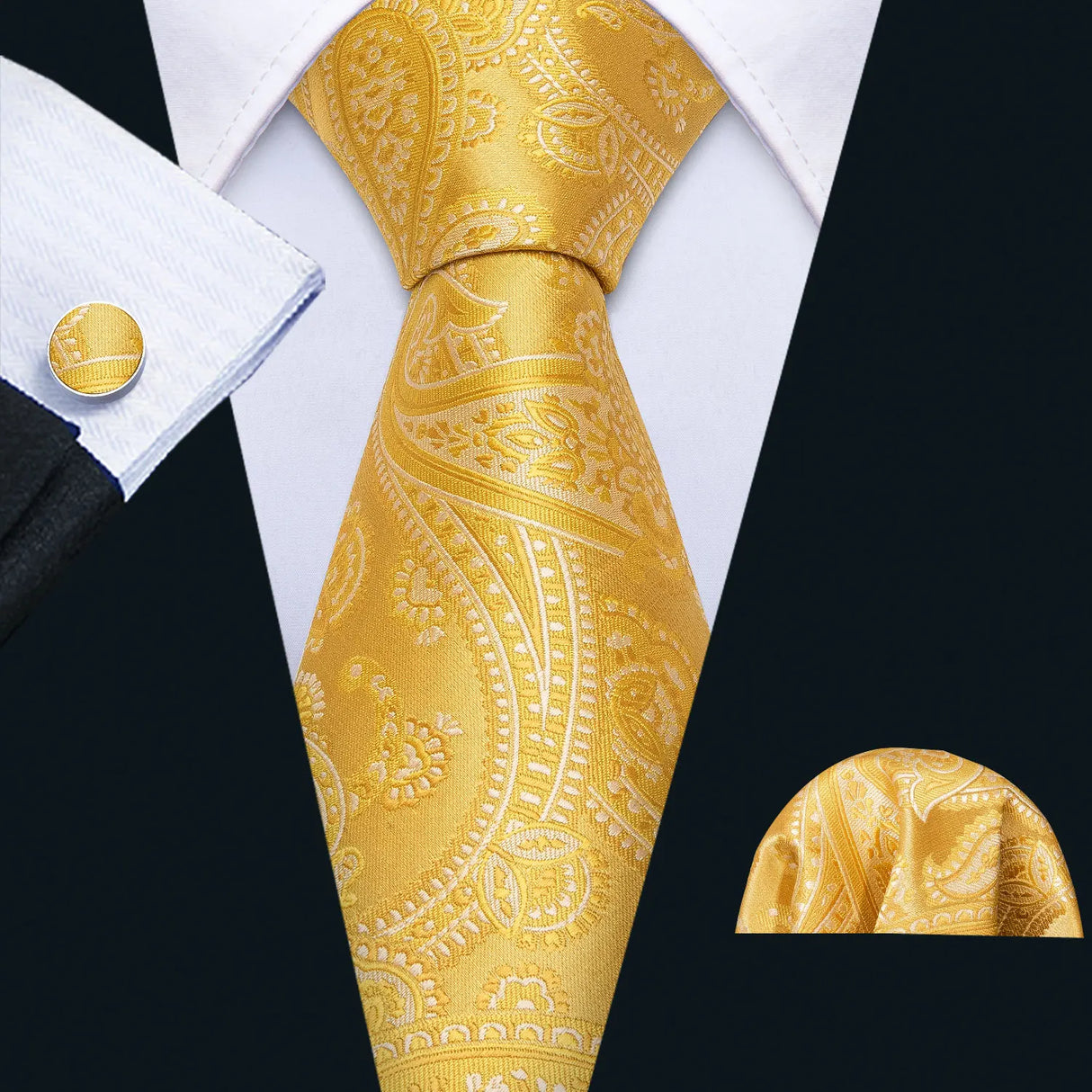 Gold Striped Plaid Floral Solid Paisley Necktie Pocket Square Cufflinks
