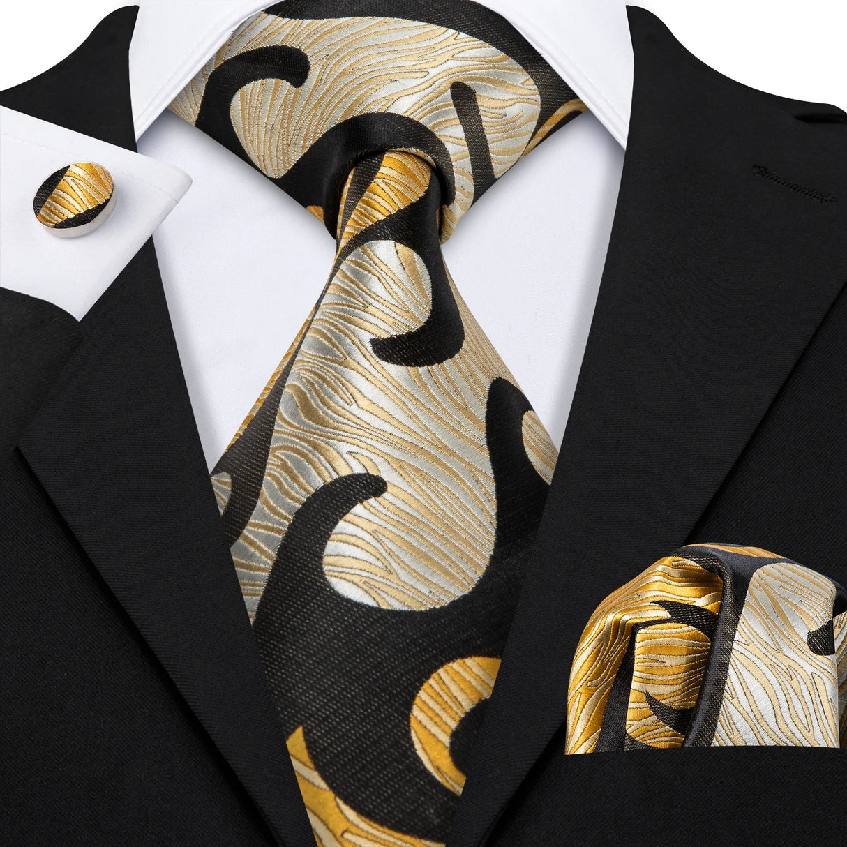 Black Gold Striped Plaid Floral Solid Paisley Necktie Pocket Square Cufflinks