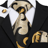 Black Gold Striped Plaid Floral Solid Paisley Necktie Pocket Square Cufflinks