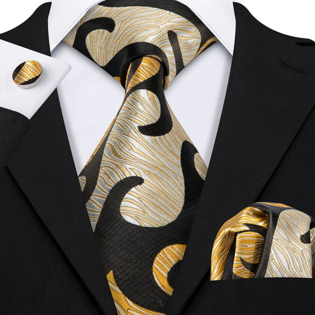 Black Gold Striped Plaid Floral Solid Paisley Necktie Pocket Square Cufflinks