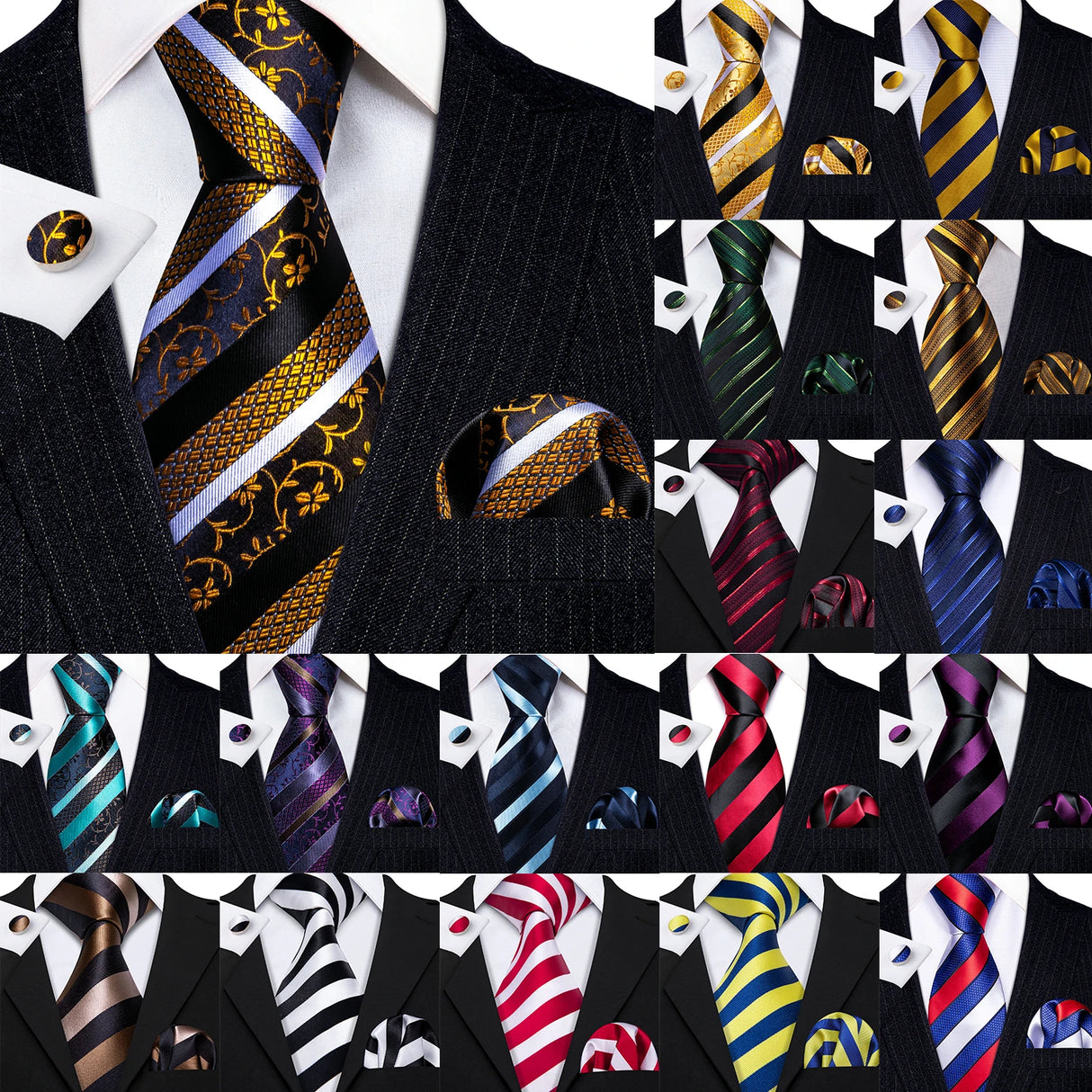 Collection of Striped Silk Business Men's Tie Pocket Square Cufflinks Set