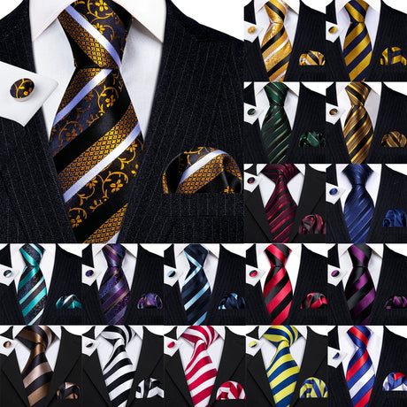 Collection of Striped Silk Business Men's Tie Pocket Square Cufflinks Set