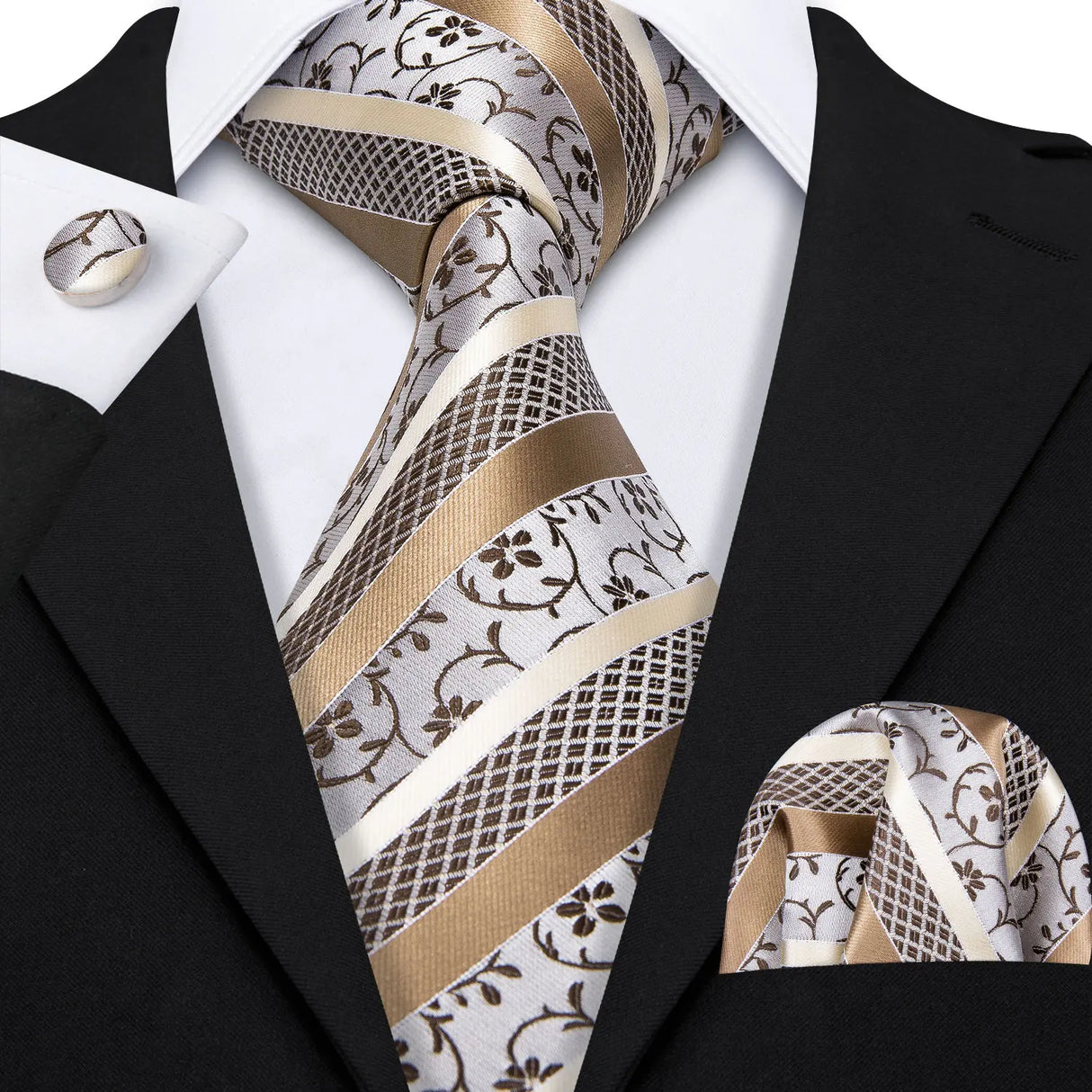 Brown Striped Silk Business Men's Tie Pocket Square Cufflinks Set