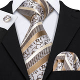 Brown Striped Silk Business Men's Tie Pocket Square Cufflinks Set