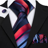 Blue Red Striped Silk Business Men's Tie Pocket Square Cufflinks Set