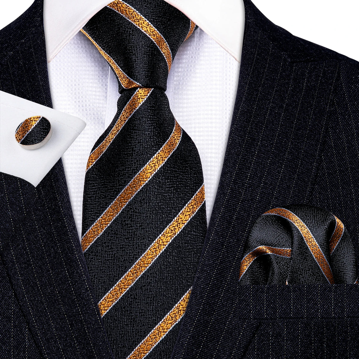 Gold Black Striped Silk Business Men's Tie Pocket Square Cufflinks Set
