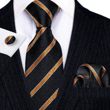 Gold Black Striped Silk Business Men's Tie Pocket Square Cufflinks Set
