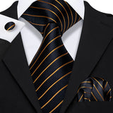 Black Gold Striped Silk Business Men's Tie Pocket Square Cufflinks Set
