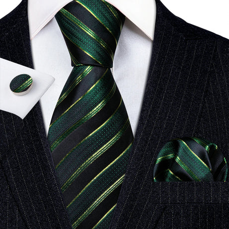 Green Black Striped Silk Business Men's Tie Pocket Square Cufflinks Set