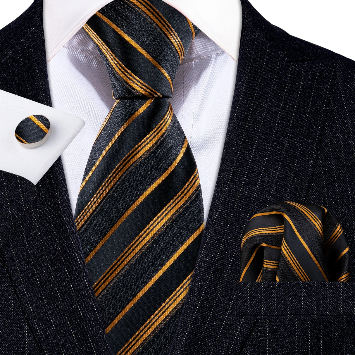 Gold Black Striped Silk Business Men's Tie Pocket Square Cufflinks Set