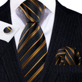 Gold Black Striped Silk Business Men's Tie Pocket Square Cufflinks Set