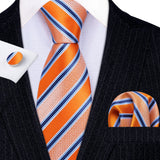 Orange Blue Striped Silk Business Men's Tie Pocket Square Cufflinks Set