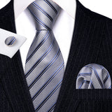 Gray Striped Silk Business Men's Tie Pocket Square Cufflinks Set
