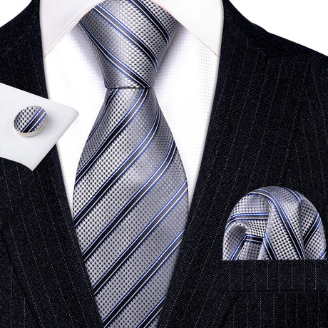 Gray Striped Silk Business Men's Tie Pocket Square Cufflinks Set