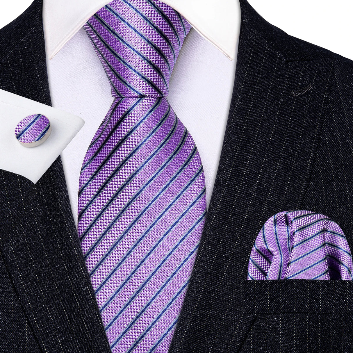 Purple Striped Silk Business Men's Tie Pocket Square Cufflinks Set