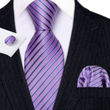 Purple Striped Silk Business Men's Tie Pocket Square Cufflinks Set