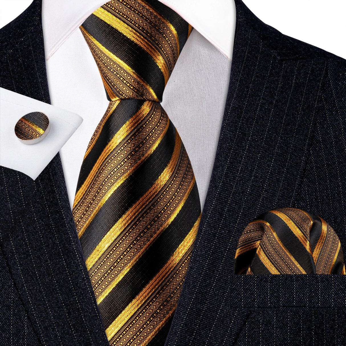 Gold Black Striped Silk Business Men's Tie Pocket Square Cufflinks Set
