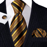 Gold Black Striped Silk Business Men's Tie Pocket Square Cufflinks Set