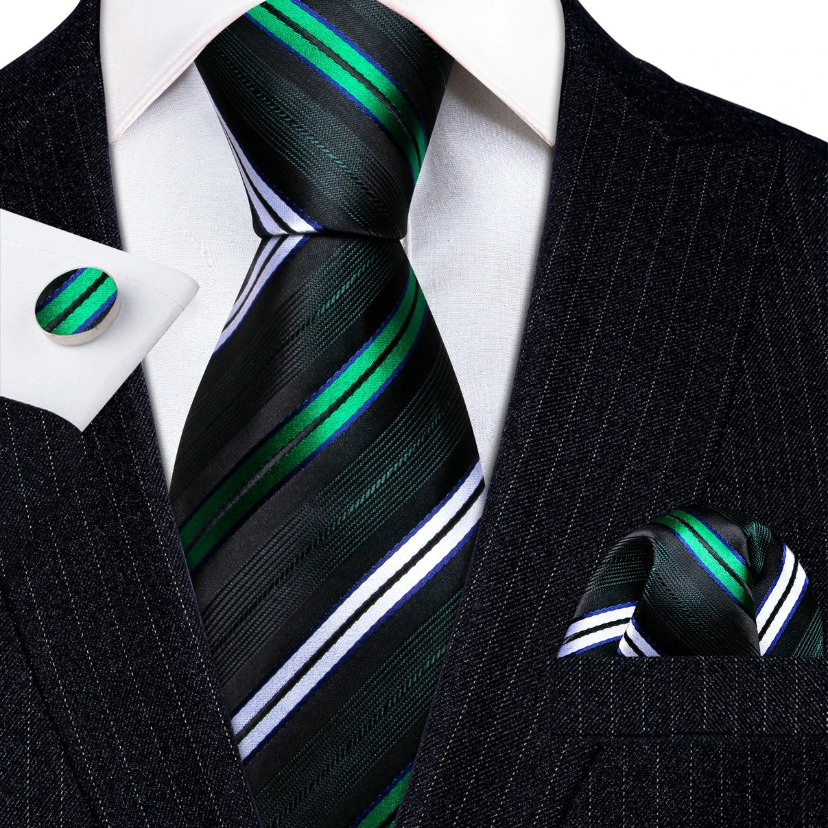 Green Black Striped Silk Business Men's Tie Pocket Square Cufflinks Set