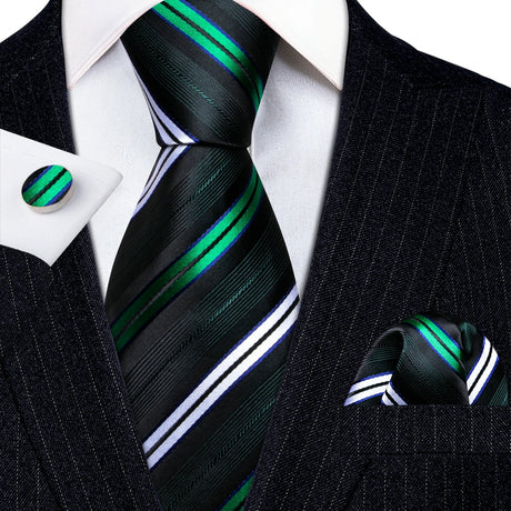 Green Black Striped Silk Business Men's Tie Pocket Square Cufflinks Set