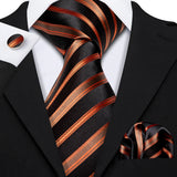 Orange Black Striped Silk Business Men's Tie Pocket Square Cufflinks Set