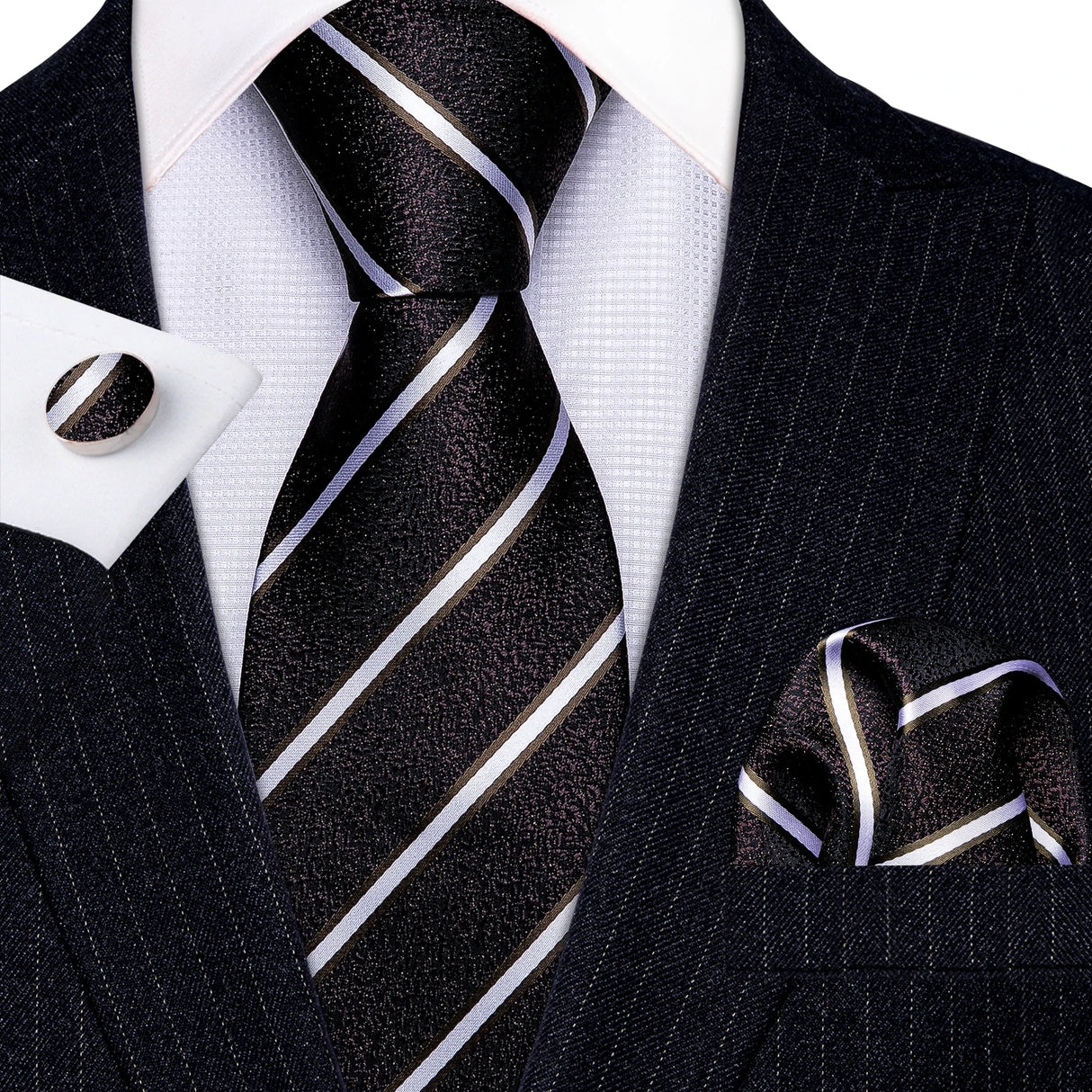 Black White Striped Silk Business Men's Tie Pocket Square Cufflinks Set