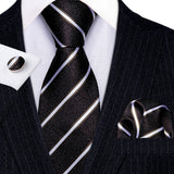 Black White Striped Silk Business Men's Tie Pocket Square Cufflinks Set