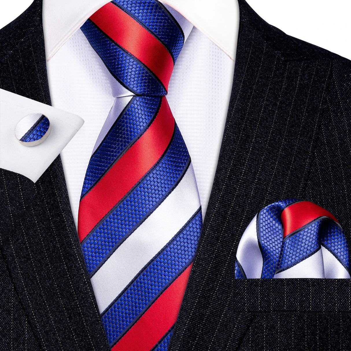 Blue Red White Striped Silk Business Men's Tie Pocket Square Cufflinks Set
