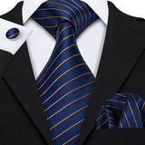 Blue Striped Silk Business Men's Tie Pocket Square Cufflinks Set