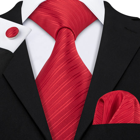 Red Striped Silk Business Men's Tie Pocket Square Cufflinks Set