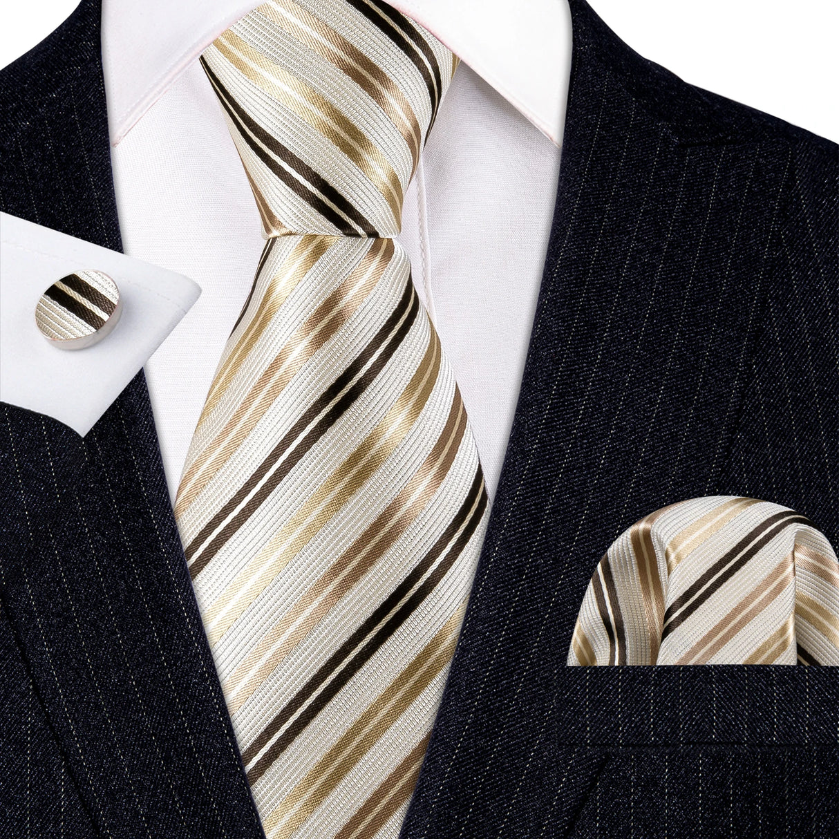 Gold White Black Striped Silk Business Men's Tie Pocket Square Cufflinks Set